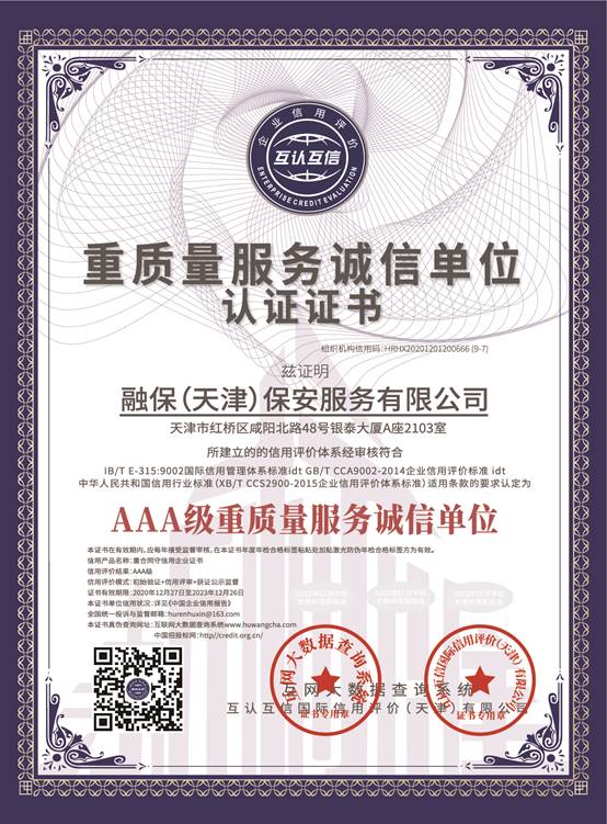 重質(zhì)量服務(wù)誠(chéng)信單位認(rèn)證證書