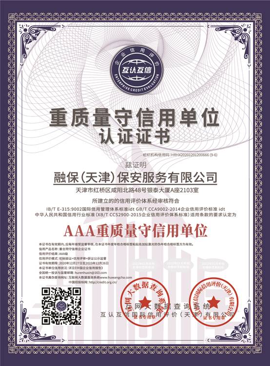 重質(zhì)量守信用單位認(rèn)證證書